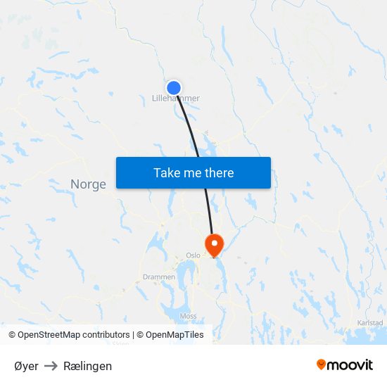 Øyer to Rælingen map