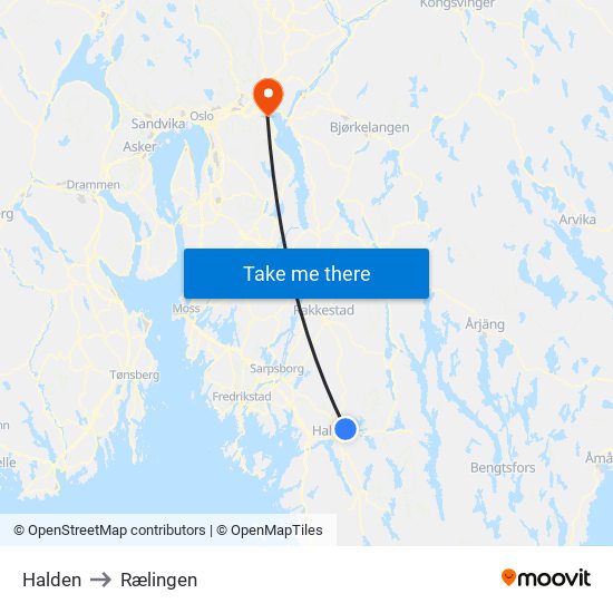 Halden to Rælingen map