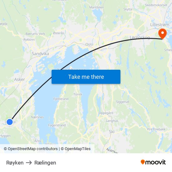 Røyken to Rælingen map