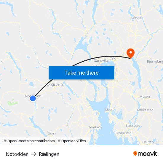 Notodden to Rælingen map