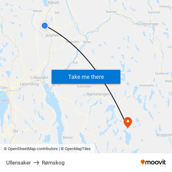 Ullensaker to Rømskog map