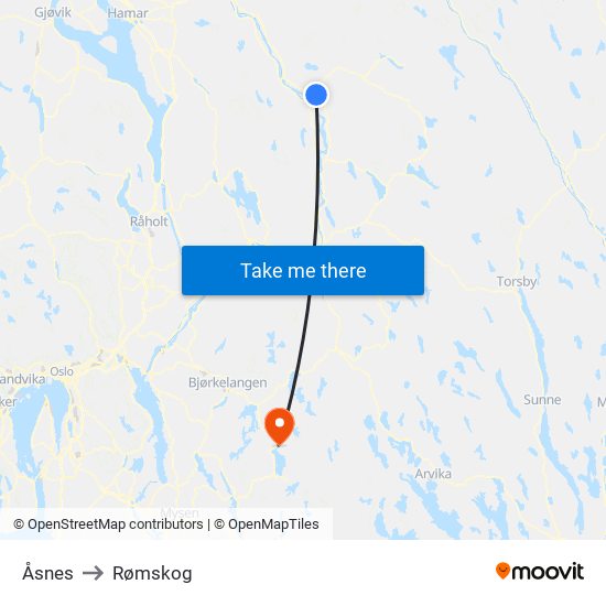 Åsnes to Rømskog map