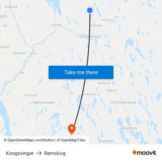 Kongsvinger to Rømskog map