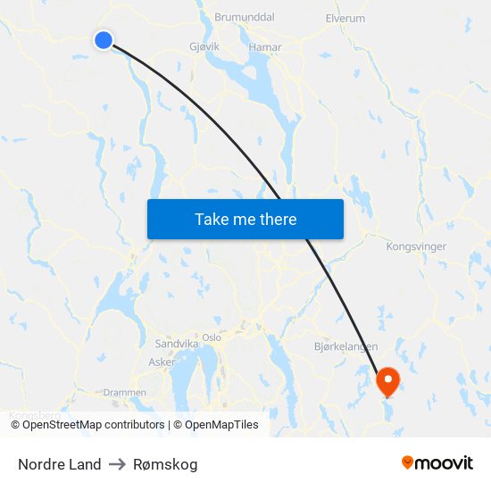 Nordre Land to Rømskog map