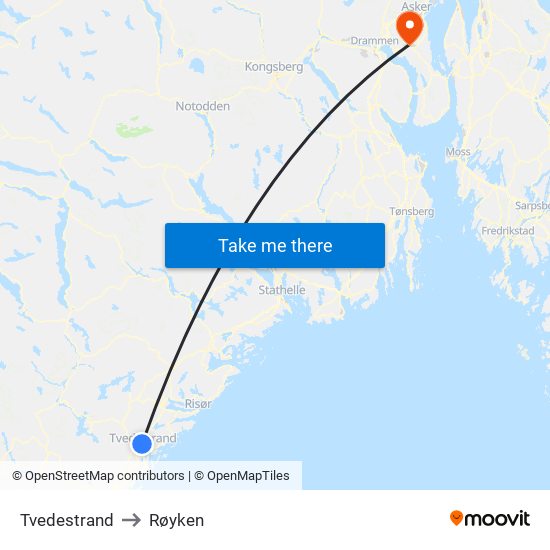 Tvedestrand to Røyken map