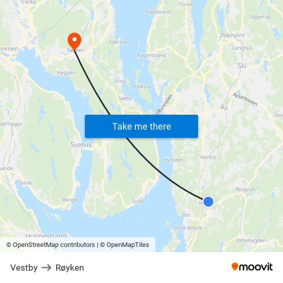 Vestby to Røyken map