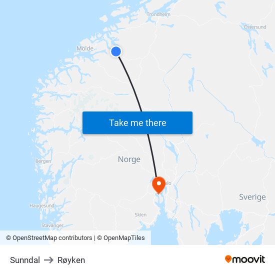 Sunndal to Røyken map