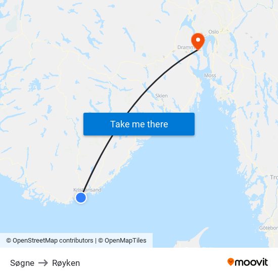 Søgne to Røyken map