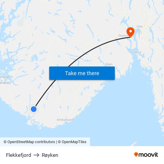 Flekkefjord to Røyken map