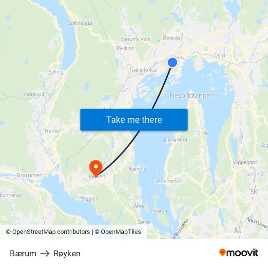 Bærum to Røyken map