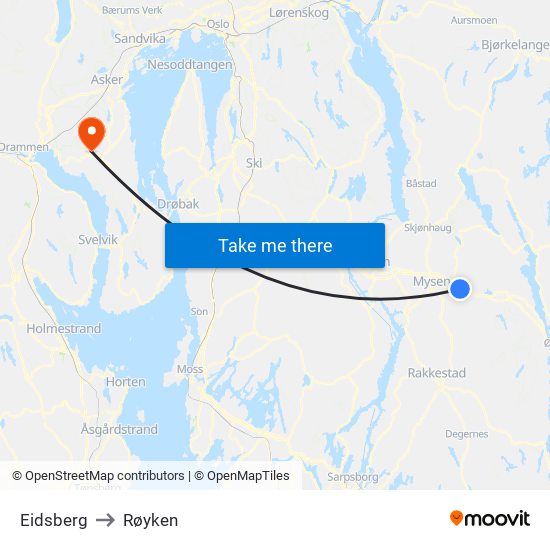Eidsberg to Røyken map