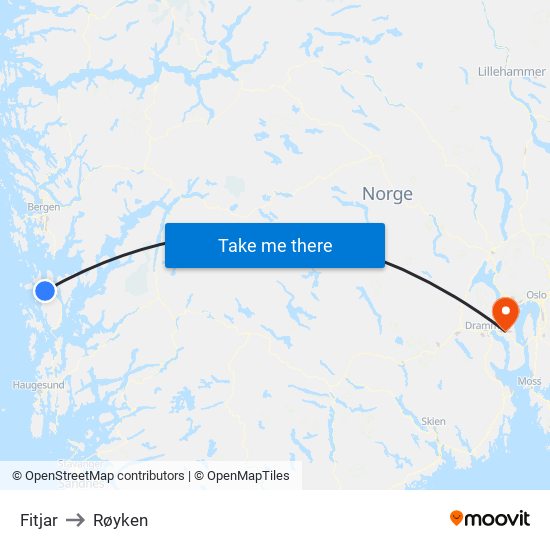 Fitjar to Røyken map