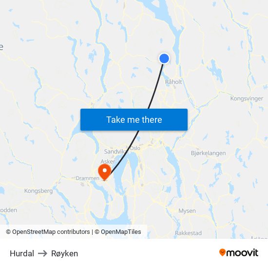 Hurdal to Røyken map