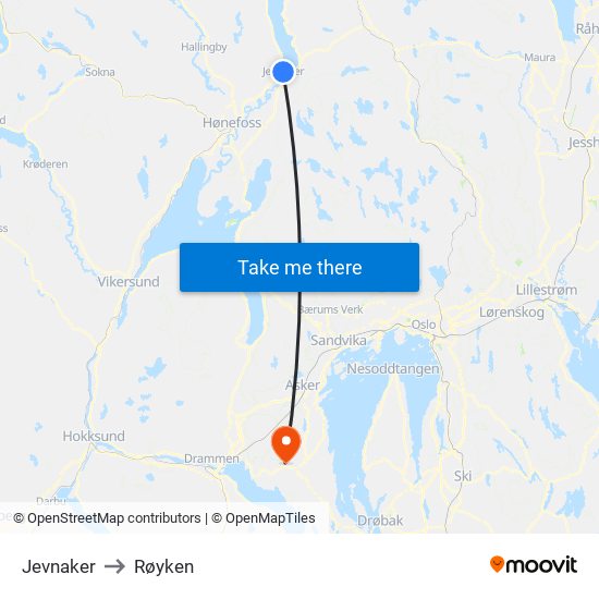 Jevnaker to Røyken map
