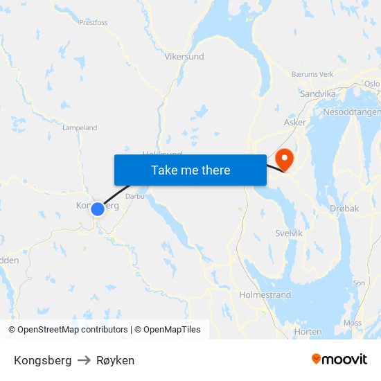 Kongsberg to Røyken map
