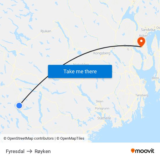 Fyresdal to Røyken map