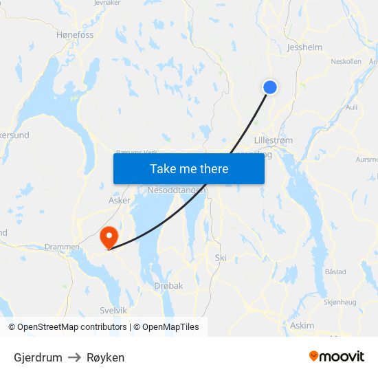 Gjerdrum to Røyken map