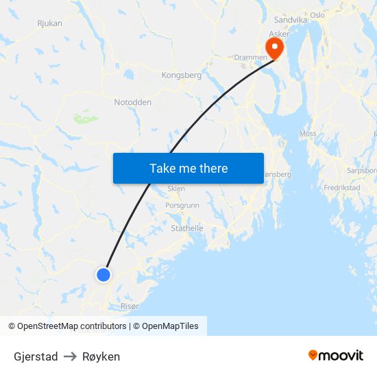 Gjerstad to Røyken map