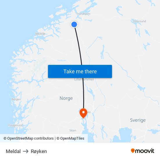 Meldal to Røyken map