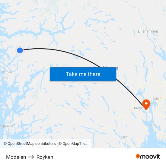 Modalen to Røyken map