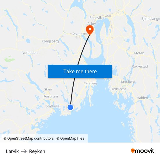Larvik to Røyken map