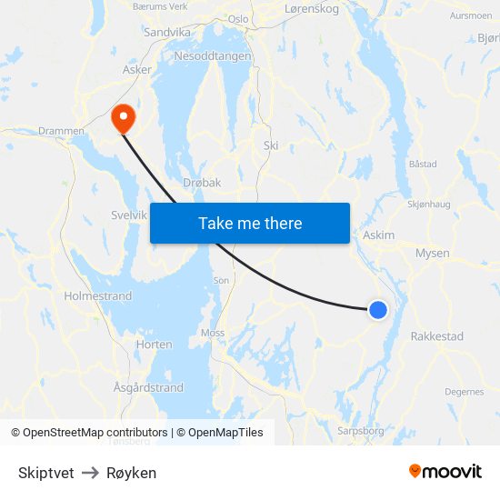 Skiptvet to Røyken map