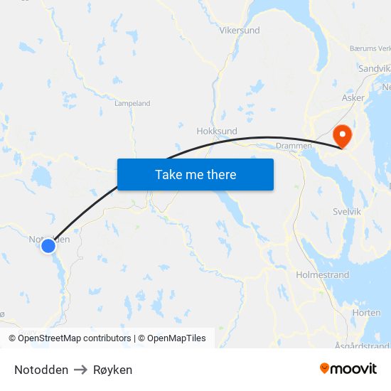 Notodden to Røyken map