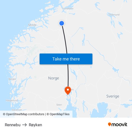 Rennebu to Røyken map