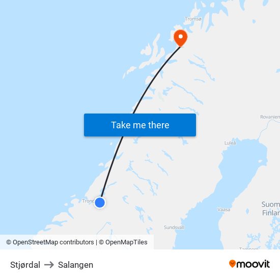 Stjørdal to Salangen map