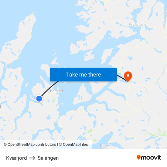 Kvæfjord to Salangen map