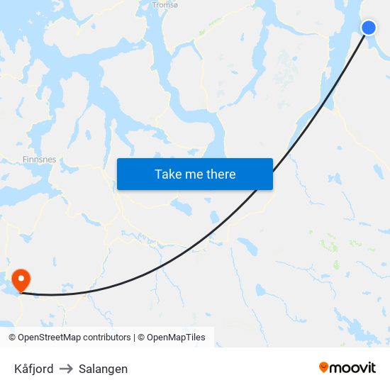 Kåfjord to Salangen map