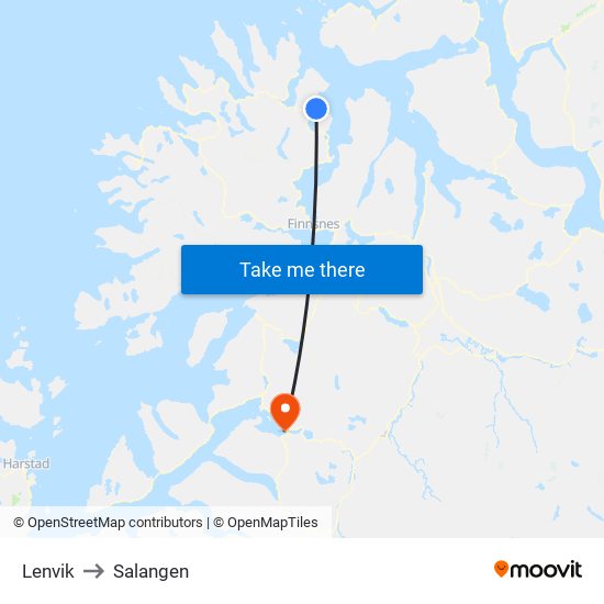 Lenvik to Salangen map