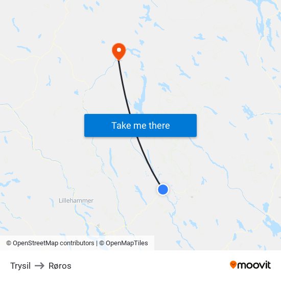 Trysil to Røros map