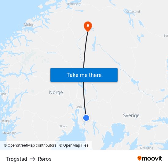 Trøgstad to Røros map