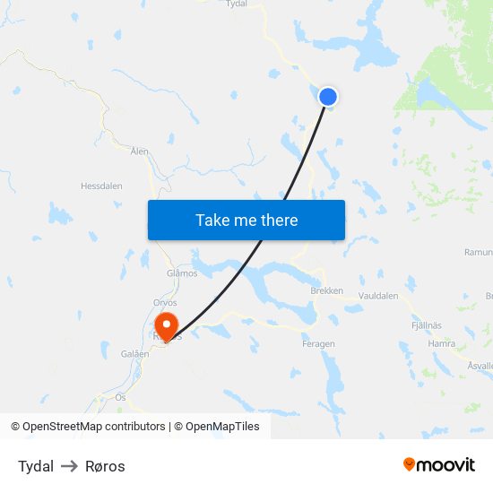 Tydal to Røros map