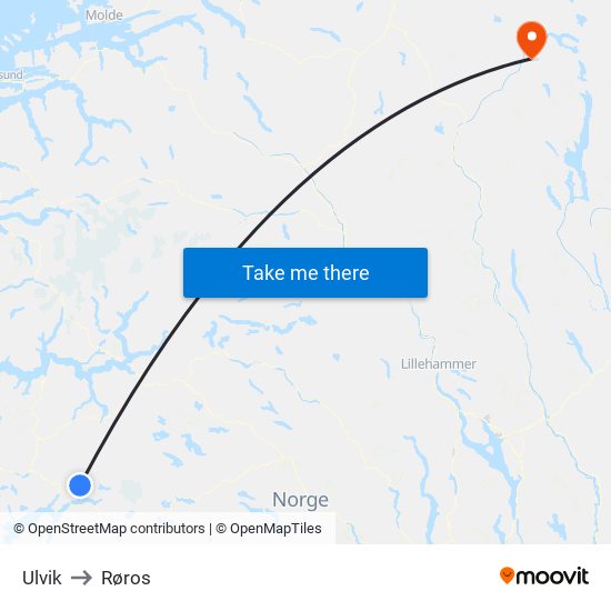 Ulvik to Røros map