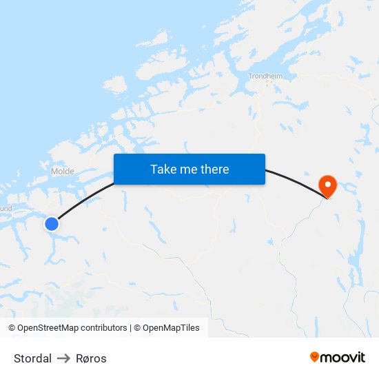 Stordal to Røros map