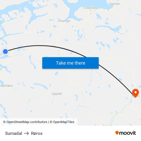 Surnadal to Røros map