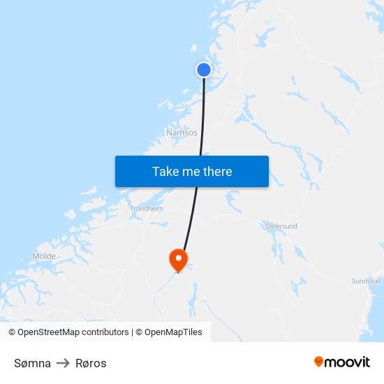 Sømna to Røros map