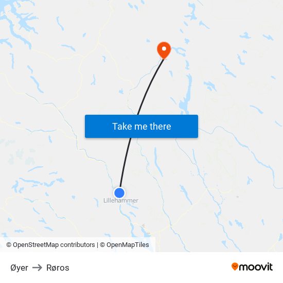 Øyer to Røros map