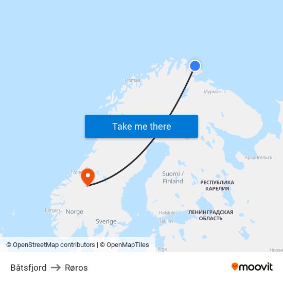 Båtsfjord to Røros map