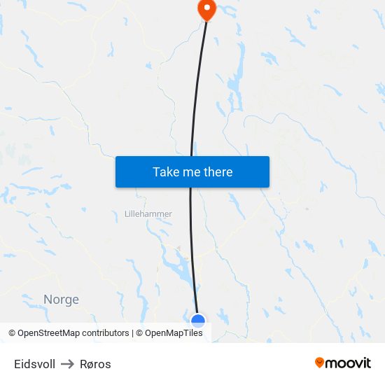 Eidsvoll to Røros map