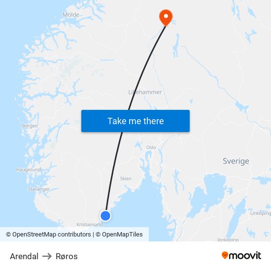 Arendal to Røros map