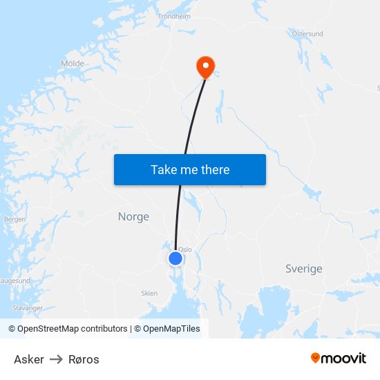 Asker to Røros map