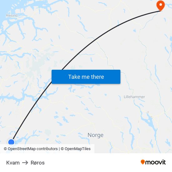 Kvam to Røros map