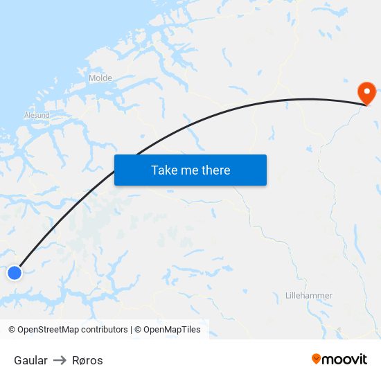 Gaular to Røros map