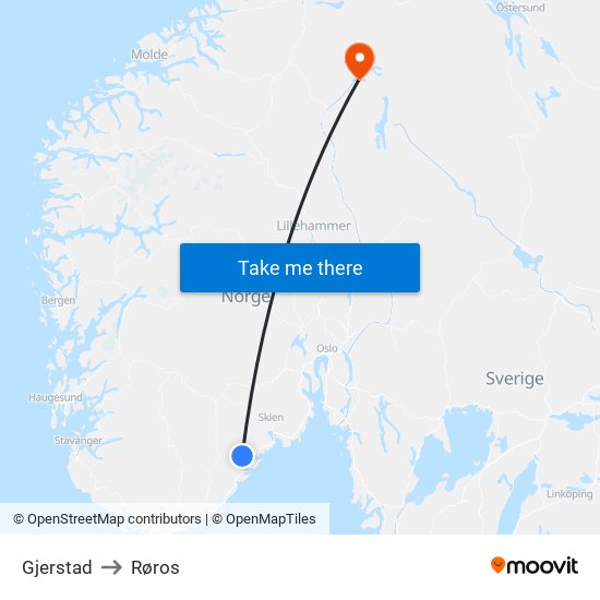 Gjerstad to Røros map