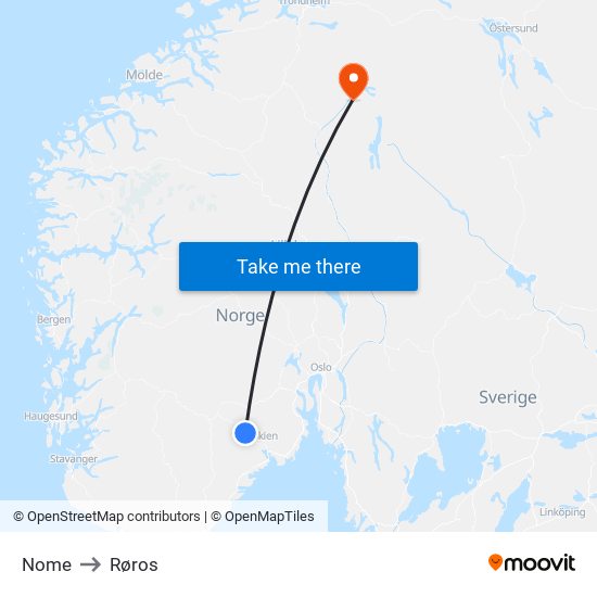 Nome to Røros map