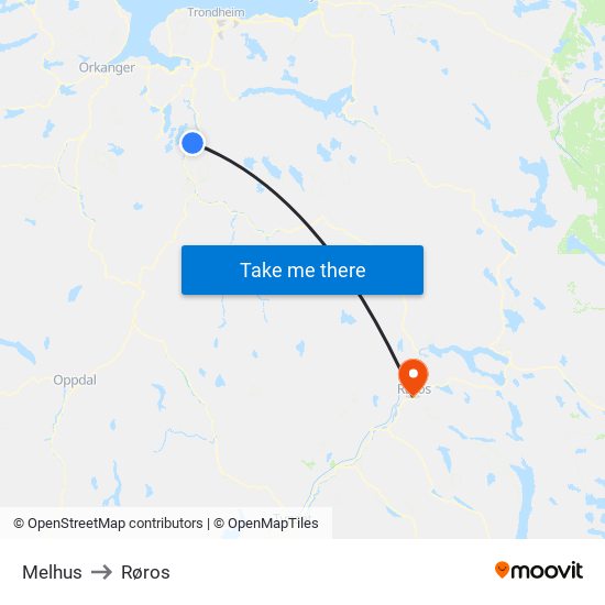 Melhus to Røros map