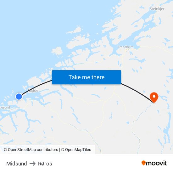 Midsund to Røros map